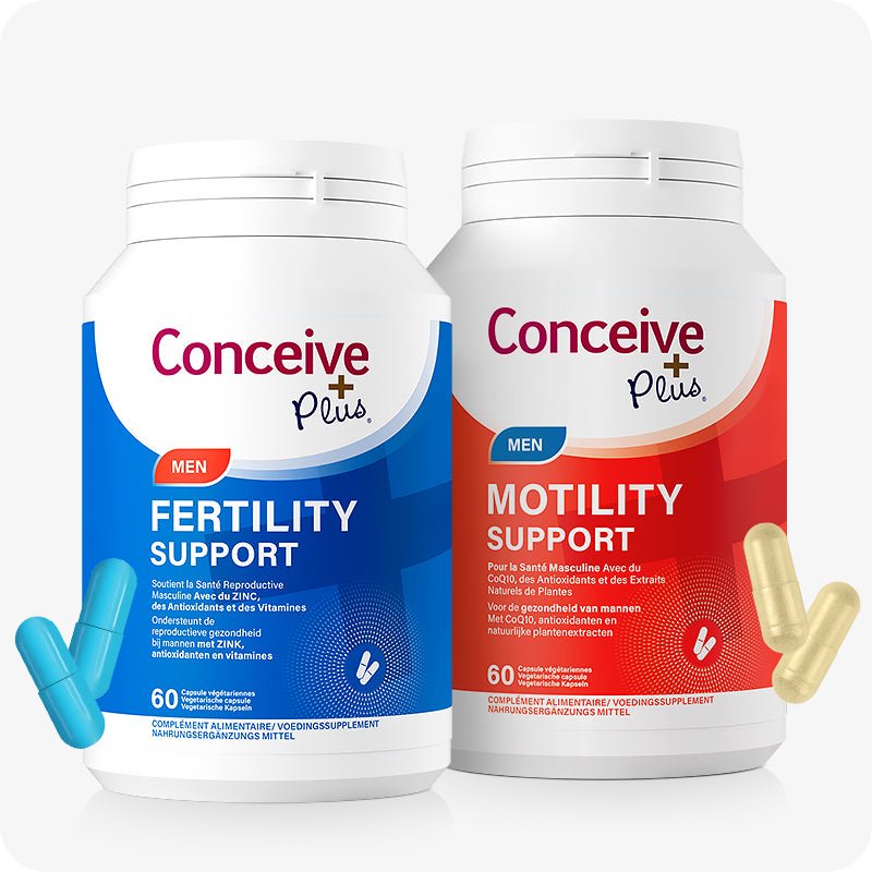 Conceive Plus Motility Bundle (FR) featuring two supplement bottles labeled "Men Fertility Support" in blue and "Men Motility Support" in red, both designed for male reproductive health; French and Dutch text is visible on labels, with blue and yellow capsules placed beside each bottle for a clear product presentation.