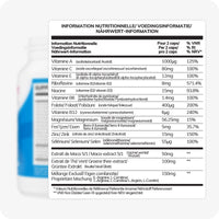 For Conceive Plus Couples Bundle Fertility Support | His/Her Deal (FR), zoomed-in image of men’s fertility support supplement nutritional table in French, Dutch, and German, displaying precise daily values of vitamins A, C, E, B2, B3, B6, B12, folate, magnesium, iron, zinc, selenium, maca extract, green tea, and proprietary amino acid blend per 2 capsules.