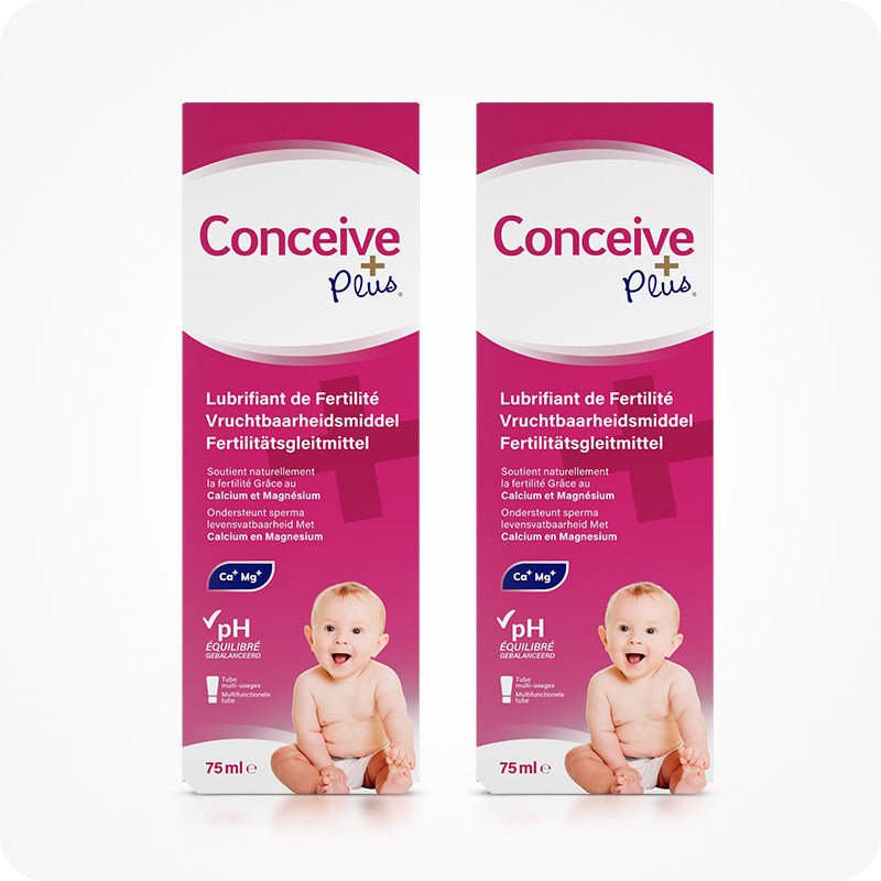 Two boxes of Conceive Plus Fertility Lubricant Tube (FR) shown side by side, each labeled in French, Dutch, and German. The packaging highlights calcium and magnesium for sperm viability and pH balance, with a baby image at the bottom. Each tube contains 75 ml.