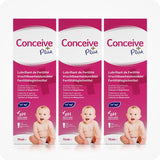 Three boxes of Conceive Plus Fertility Lubricant Tube (FR) 75ml displayed side by side, each labeled in French, Dutch, and German. The packaging highlights calcium and magnesium benefits, pH balance, and multi-language fertility support claims. A smiling baby image appears on each box against a pink and white background.