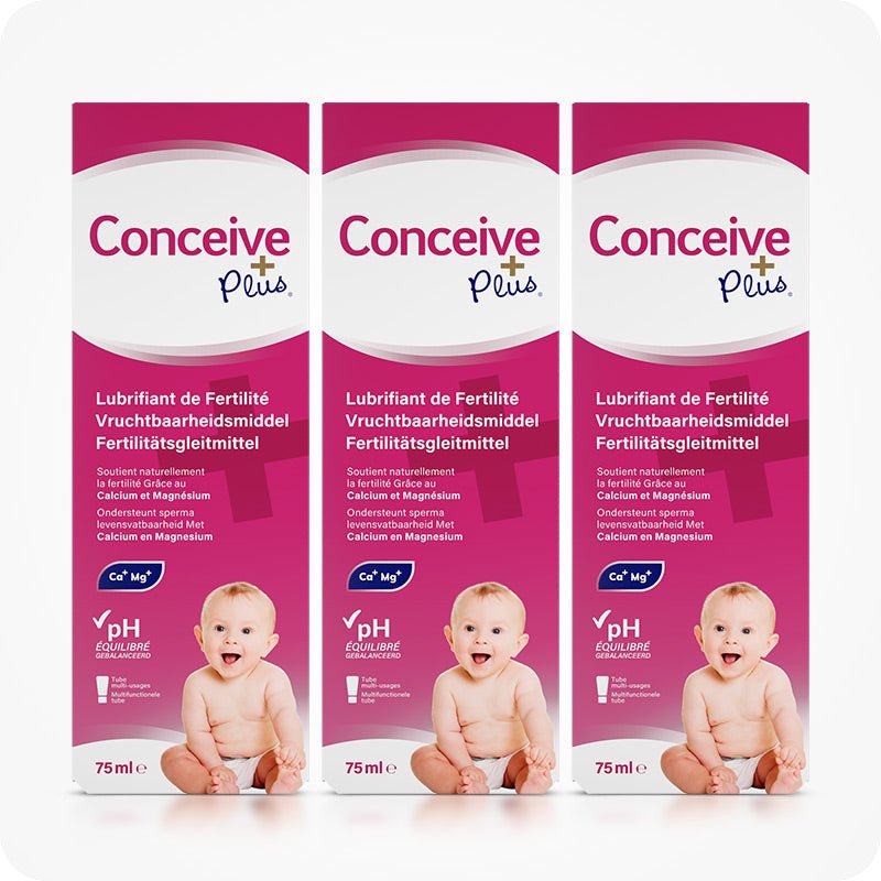 Three boxes of Conceive Plus Fertility Lubricant Tube (FR) 75ml displayed side by side, each labeled in French, Dutch, and German. The packaging highlights calcium and magnesium benefits, pH balance, and multi-language fertility support claims. A smiling baby image appears on each box against a pink and white background.