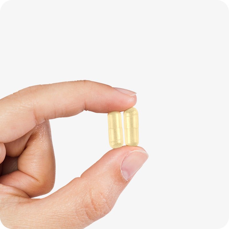 For Conceive Plus Fertility Pack Ovulation & Motility Support (FR), image showing a close-up of a hand holding two yellow capsules between thumb and index finger, representing capsule size and color for Men Motility Support, with a white background.