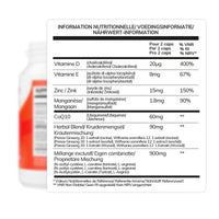 For Conceive Plus Fertility Pack Ovulation & Motility Support (FR), close-up of Men Motility Support nutrition label showing detailed vitamin and herbal blend composition, including Vitamin D, E, Zinc, Manganese, CoQ10, Panax Ginseng, and L-Arginine, presented in French, Dutch, and German with dosage and daily value percentages.