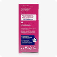 For Conceive Plus Max Combo - Fertility Lubricant Bundle (FR), showing side panel of 8x4g pre-filled fertility lubricant applicators box with multilingual text detailing ingredients, patents, manufacturer contact (Sasmar Pharmaceuticals), official certifications, and product quality assurance in French and Dutch.