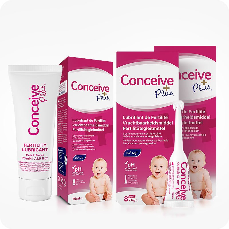 Conceive Plus Max Combo - Fertility Lubricant Bundle (FR) featuring a 75ml fertility lubricant tube, two bilingual pink-and-white boxes, one for 75ml fertility lubricant and other for 8x4g pre-filled applicators, and a single-use pre-filled applicator, all arranged against a white background with French, Dutch, and German labels.