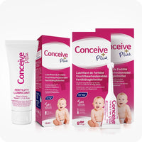 Conceive Plus Max Combo - Fertility Lubricant Bundle (FR) featuring a 75ml fertility lubricant tube, two bilingual pink-and-white boxes, one for 75ml fertility lubricant and other for 8x4g pre-filled applicators, and a single-use pre-filled applicator, all arranged against a white background with French, Dutch, and German labels.
