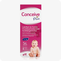 For Conceive Plus Max Combo - Fertility Lubricant Bundle (FR), featuring front-facing 8x4g pre-filled fertility lubricant applicators box in pink and white design, with multilingual labeling (French, Dutch, German), a smiling baby illustration, and icons for pH balance and Ca/Mg ions support for reproductive health.