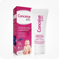 For Conceive Plus Max Combo - Fertility Lubricant Bundle (FR), showing a 75ml fertility lubricant tube alongside its matching pink-and-white product box with multilingual labeling (French, Dutch, and German), baby image, pH balance icon, and key fertility support ingredients for couples trying to conceive.