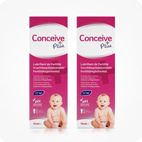 For Conceive Plus Max Combo - Fertility Lubricant Bundle (FR), featuring two 75ml fertility lubricant boxes with pink-and-white design, baby graphic, and multilingual labels highlighting pH balance and Ca/Mg ion support, ideal for couples seeking natural conception support.