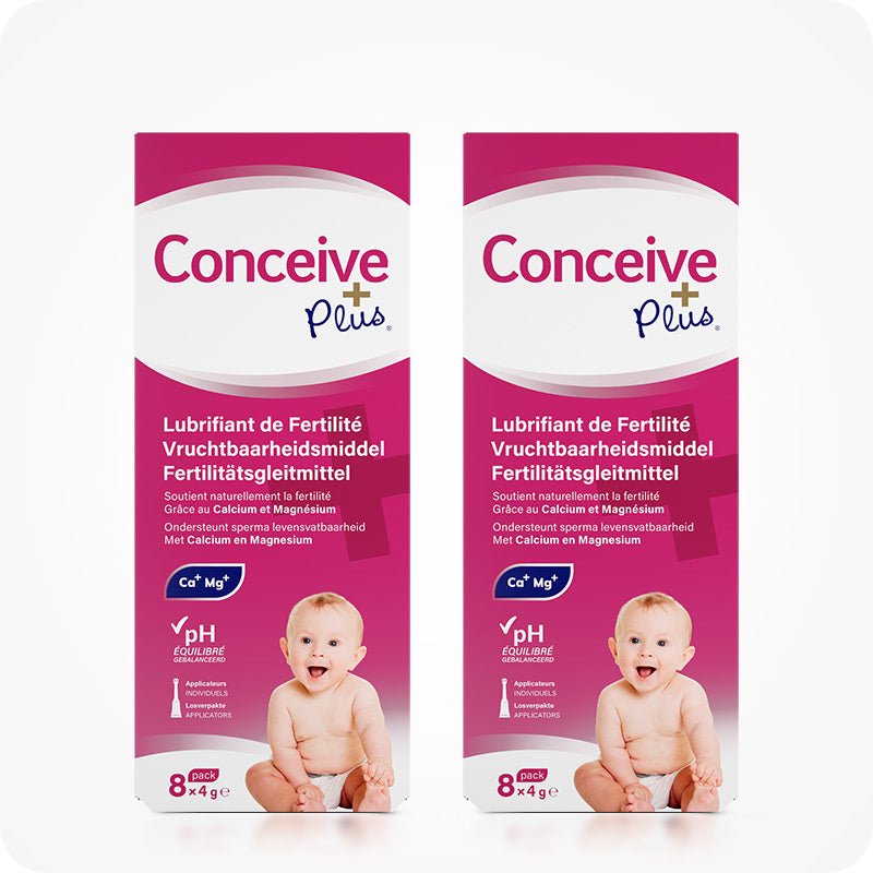 For Conceive Plus Max Combo - Fertility Lubricant Bundle (FR), featuring two 8x4g pre-filled fertility lubricant applicator boxes with pink-and-white branding, baby imagery, and multilingual fertility claims, emphasizing sperm viability, balanced pH, and convenient pre-filled application.