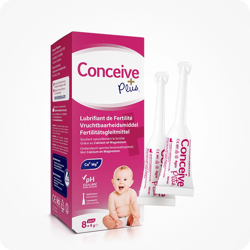 For Conceive Plus Max Combo - Fertility Lubricant Bundle (FR), featuring an 8x4g pre-filled fertility lubricant applicators box, placed beside two angled applicators for visual clarity, with French, Dutch, and German fertility support text and baby image displayed on front panel.