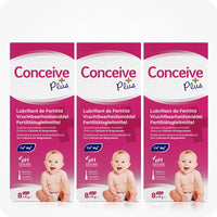 For Conceive Plus Max Combo - Fertility Lubricant Bundle (FR), featuring three 8x4g pre-filled fertility lubricant applicator boxes with pink-and-white packaging, baby imagery, and multilingual claims promoting calcium-magnesium ion support, sperm viability, and pH-balanced formula for fertility enhancement.