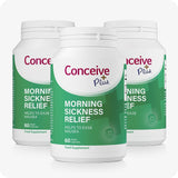 Three bottles of Conceive Plus Morning Sickness Relief, each containing 60 vegan capsules. Green and white label highlights product’s purpose to help reduce nausea during early pregnancy.