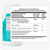 Conceive Plus Ovulation Support (FR) nutritional information chart in French, Dutch, and German showing dosage per 4 capsules, listing folic acid (100μg), Myo-Inositol (2000mg), CoQ10 (50mg), and ginger root powder (150mg), with daily intake reference values.