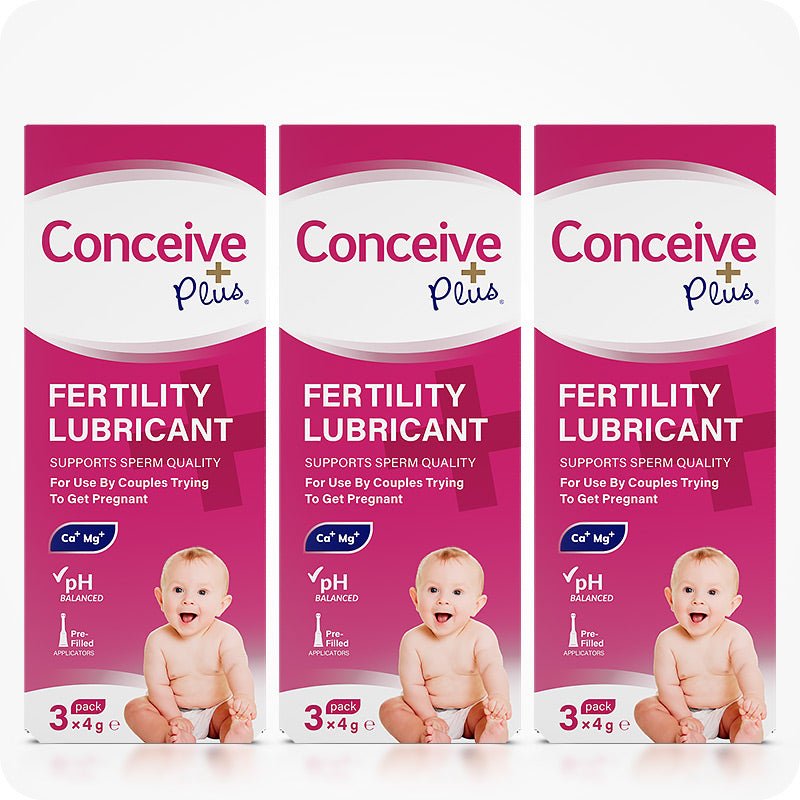 Image of three Conceive Plus try me size fertility lubricant applicators 3×4g boxes on a white background. Pink boxes are placed side by side and has white text and branding. Boxes highlight info about sperm quality support, pH balance, Calcium and Magnesium ion content, prefilled feature, and quantity of applicators.