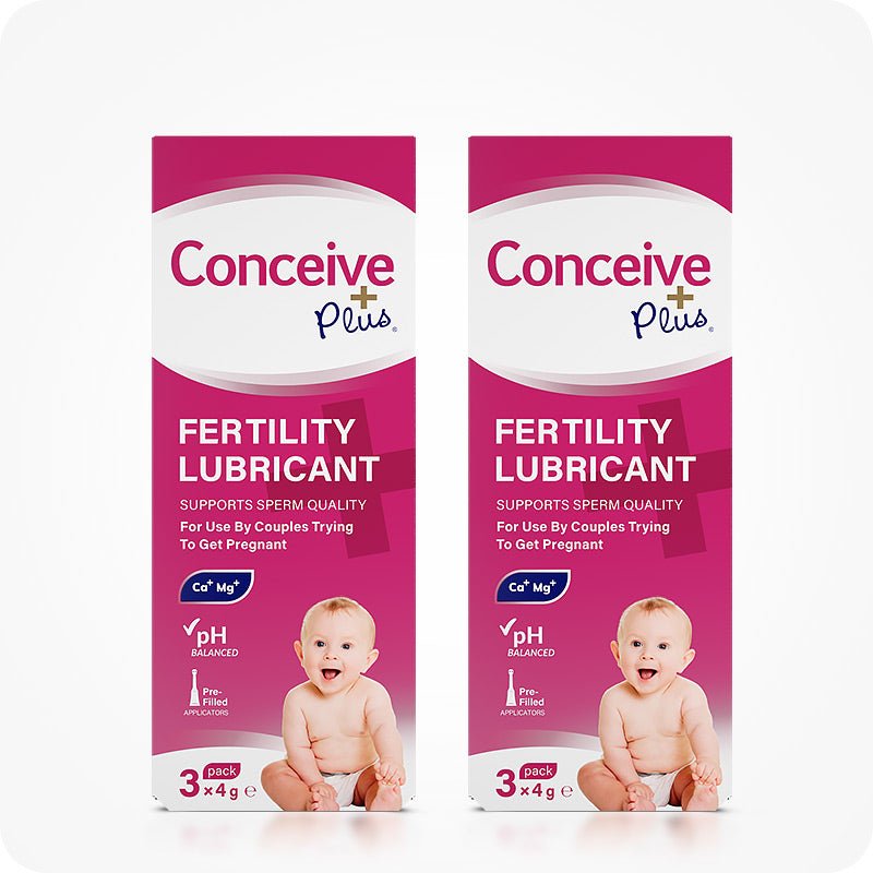 Image of two Conceive Plus try me size fertility lubricant applicators 3×4g boxes on a white background. Boxes are pink with white branding with highlights about sperm quality support, Ca+ and Mg+ content, pH balance, pre-filled feature, and quantity of applicators. Box feature a smiling baby on lower right corner.