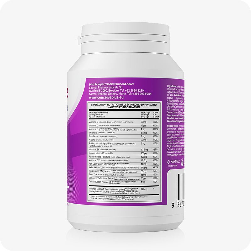 Conceive Plus Women's Fertility Support (FR) bottle featuring detailed nutritional information panel in French, Dutch, and German, showing vitamin and mineral content per two-capsule serving on a purple label—highlighting transparency in formulation and dosage guidance for women.