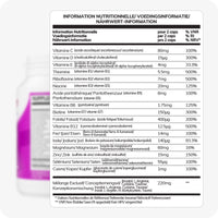 Conceive Plus Women's Fertility Support (FR) supplement facts label displaying a multilingual nutrient table with precise vitamin and mineral dosages per two capsules—includes key fertility-supporting ingredients like folate, iron, zinc, selenium, and a proprietary blend, formatted in French, Dutch, and German.